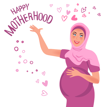 A pregnant Oriental woman smiles, raising her hand. Vector illustration of pregnancy, happy motherhoodのイラスト素材