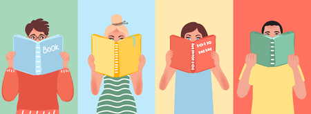Several people read books. They are cunning and peek into the book. Vector illustration of quality curiosity and interest in knowledgeのイラスト素材