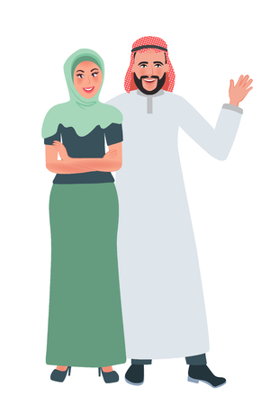Happy man and woman in Muslim clothes hugging and smiling. Vector illustration of the national familyのイラスト素材
