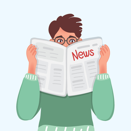 A person reads the news in the newspaper. Working days of a business person. Vector illustration of drawn peopleのイラスト素材