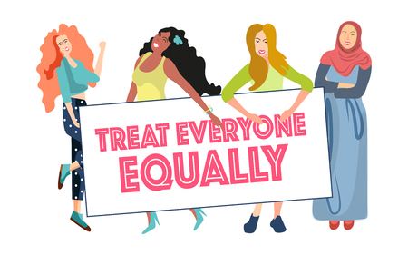 Women speak in demonstrations for equal rights of men and women, for gender equality in social society. The concept of the poster feminism, girls power, movement. Vector graphics for webのイラスト素材