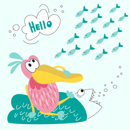 The Pelican sits on an island and dreams of eating fish. Vector illustration of a Pelican and a flock of fish suitable for children's books, clothes, postcards. Fabric decoration. Style comics and cartoonsのイラスト素材