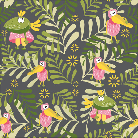Seamless pattern with fairy birds. Crow and Pelican in a forest glade. Botanical background for children's room, books, fabrics, cards, pattern for children's underwear, clothes. Fashion for childrenのイラスト素材