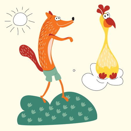 A cunning red Fox wants to catch a Turkey bird. Vector illustration of foxes and yellow Turkey suitable for children's books, clothes, cards. Fabric decoration. Style comics and cartoonsのイラスト素材