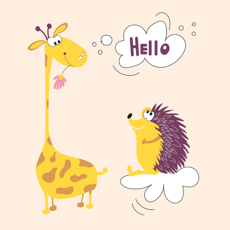 A giraffe from Africa and a hedgehog forest animal friends. Vector illustration of hedgehog and giraffe suitable for children's books, clothes, cards. Fabric decorationのイラスト素材