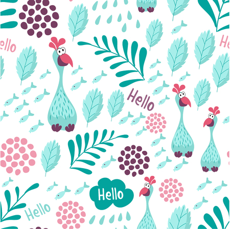 Seamless blue bird Turkey background catches sea fish. Children's background with elements of Botanical plants. For textiles, Wallpaper, covers, packaging, bed linenのイラスト素材