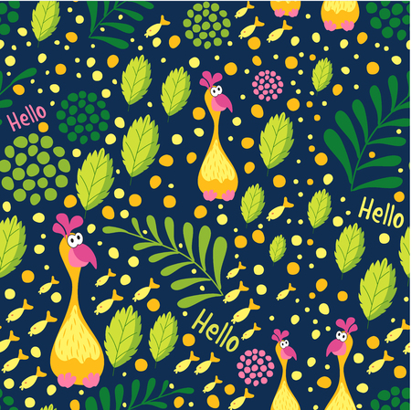 Seamless pattern amazing birds, flowers, leaves and branches, deep blue background. Botanical style. Suitable for textiles, furniture, wall pasting, interior decorationのイラスト素材