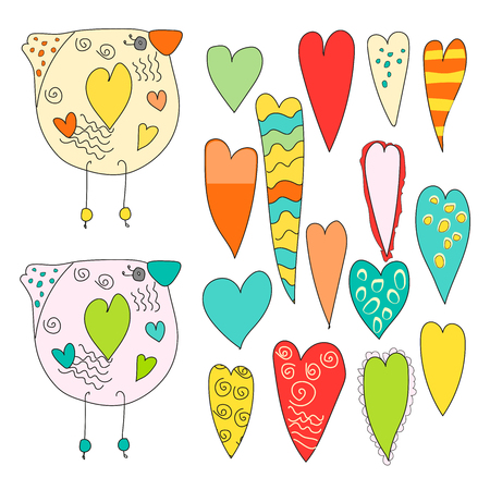 Set of vector illustration for Valentine's Day. Heart decor, lovely birds. Lovers ' holiday or wedding decorationのイラスト素材