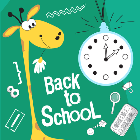 Back to school vector illustration. Style comics cartoon about school. For the youngest children. Giraffe looks at the clock to go to schoolのイラスト素材