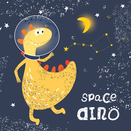 Space dinosaur in a spacesuit flying into space. Constellation URSA minor. Fashionable grunge texture or print for children's design. Vector illustrationのイラスト素材