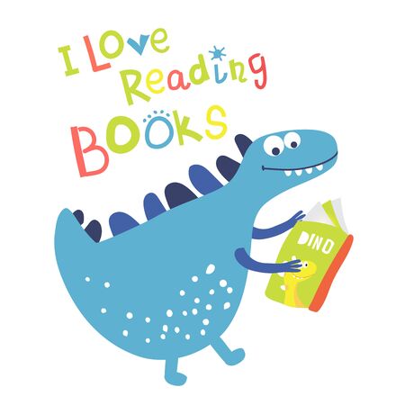 Dinosaur reading a book. Phrase I love to read books. Vector illustration or print for children's design and fashionのイラスト素材