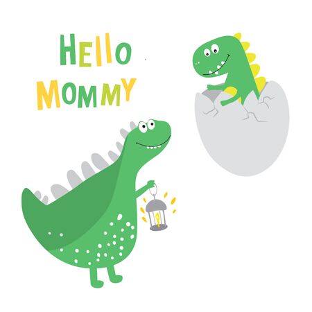 Mama dinosaur and a boy dinosaur hatches from the egg. Printing of children's cards, Souvenirs, children's fashion. Vector illustrationのイラスト素材