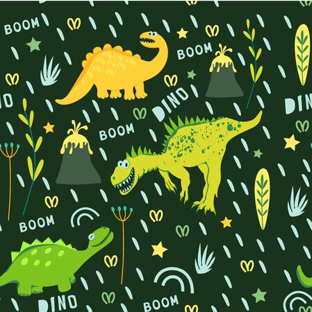 Seamless pattern of yellow and green dinosaurs and volcano. Dinosaurs walking in a clearing. For the design of children's clothing, fabrics, cards, books. Style comics and cartoonsのイラスト素材