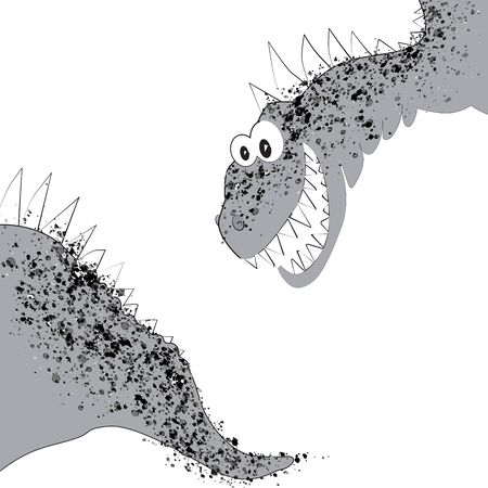 Funny gray dinosaur laughs and looks at his tail. Dinosaur head and tail for design on children's clothes, fabrics, cards and books, for comicsのイラスト素材