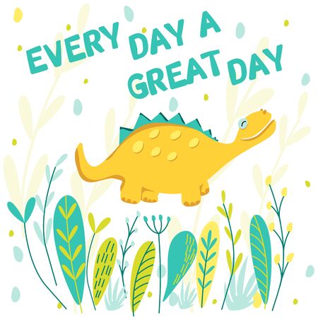 Funny yellow dinosaur smiles and enjoys the new day. Vector illustration with text for design of children's clothing, t-shirts, fabrics, cards, books. Style comics and cartoonsのイラスト素材