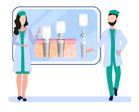 Online consultation of the orthodontist dentist about the installation of a dental implant with all parts: crown, abutment, screw. Dentistry. Implantation of human teeth. Vector illustrationのイラスト素材