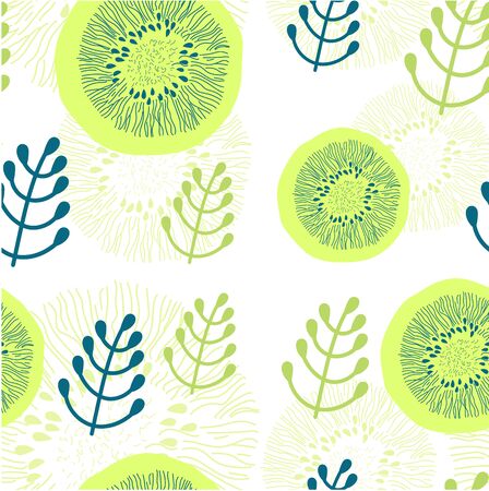 Round floral elements and other plant decor on white background. Seamless pattern. For printing on textiles, Wallpaper, cardsのイラスト素材