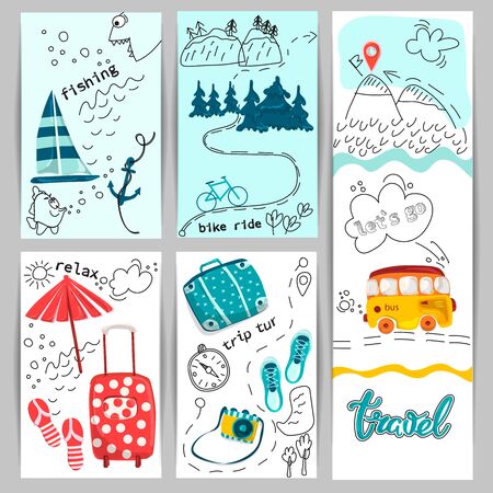 Tourist collection for banners, flyers, posters with bus, Luggage, objects of tourism and travel. Planning summer holidays, traveling to the mountains and the seaのイラスト素材