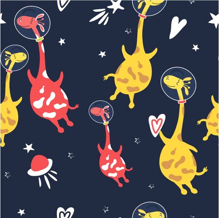 Cute giraffes in outer space. Seamless pattern. Giraffes drawn cartoon characters. Sketch animals Africa. Wrapping paper, fabric, background pictureのイラスト素材