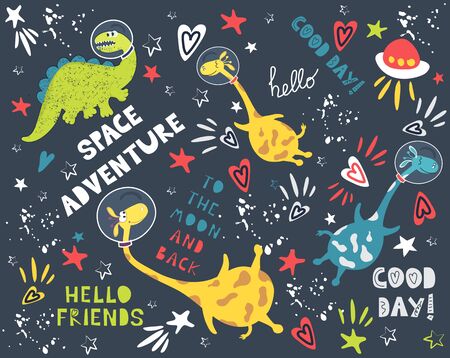 Cool space adventure vector background. Cute animals and astronauts, dinosaur and giraffe. Constellations and planets in outer space. Printing for fabric, paper, children's fashionのイラスト素材
