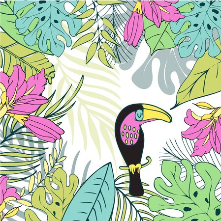 Botanical illustration. Summer tropical background with exotic green palm leaves and flowers. Vector floral background. For wedding greeting cards, anniversary, birthday, Invitations to a party.のイラスト素材