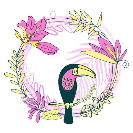 Vector illustration. Frame in tropical style in the shape of a circle. Tropical leaves, flowers and patterns on a white background. For greeting cards, invitations, textilesのイラスト素材