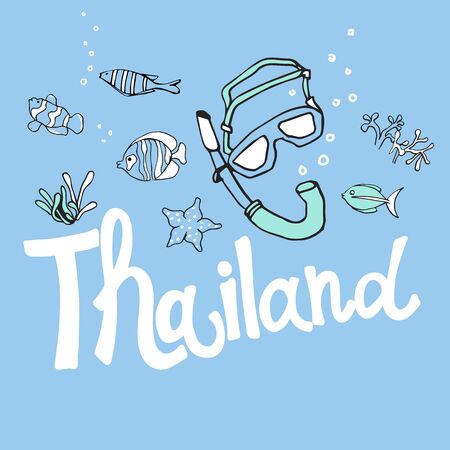 Vector illustration of Thailand. Water world. Inscriptions and symbols of scuba diving on a blue background.のイラスト素材