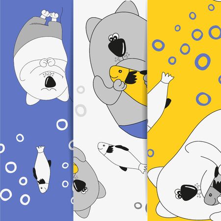 Set with seamless pattern . Collection of vector illustrations. Amazing cats. Fat, funny cat. Decor cats in children's style in amazing colors. Children's background. Can be used for printing on fabric, paper, postcards.のイラスト素材