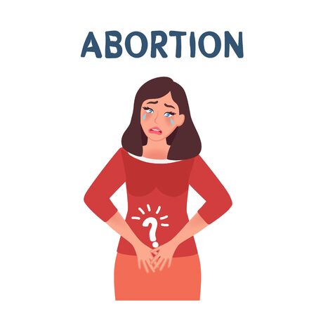 A young girl holds her hands to her stomach, she is upset and unhappy. She's worried about an unwanted pregnancy, an abortionのイラスト素材
