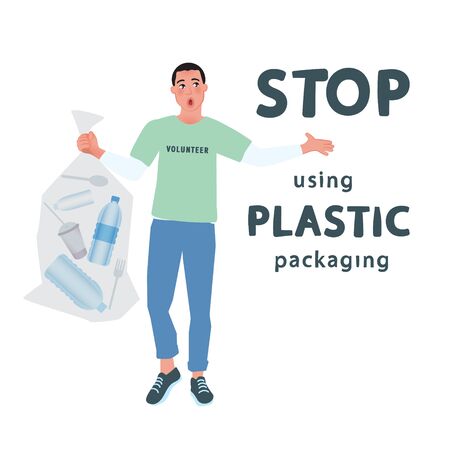 The volunteer holds a bag with plastic bottles and disposable items. Vector poster Stop using plastic packagingのイラスト素材