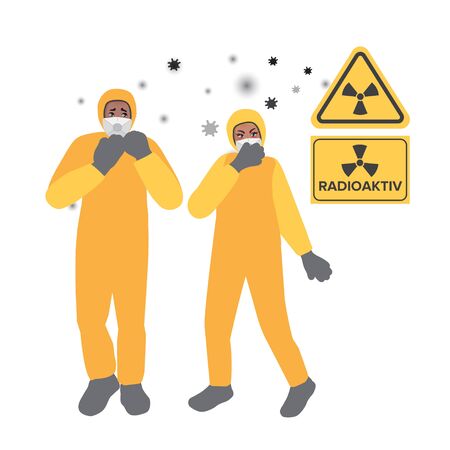 Rescuers in gas masks and radiation protective suits. Radioactive chemical pollution of the environment. Emergency, accident. Vector illustrationのイラスト素材