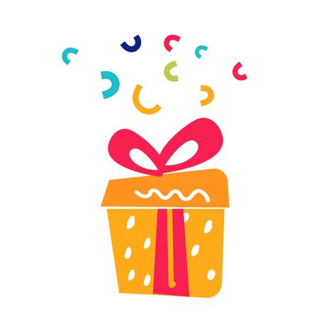 Gift box with red bow and confetti. Symbols of the holiday and congratulations. Vector illustration of a comicのイラスト素材