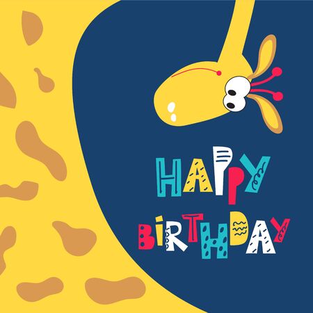 Children's greeting card with a giraffe. Happy birthday wishes for kids. Holidays vector illustrationのイラスト素材