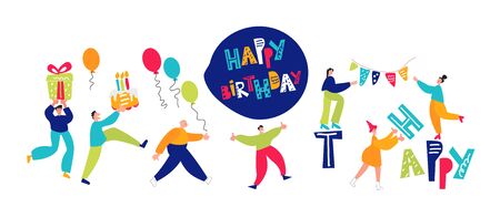 Happy people go to a holiday with a cake and a gift. Girls hang garlands. Birthday greetings for friends vector illustrationのイラスト素材