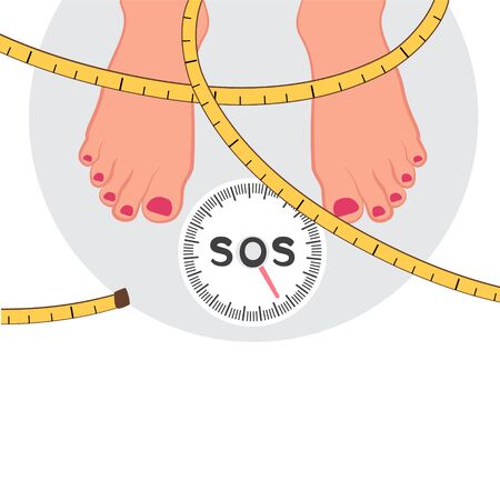 A fat woman measures her waist. Weighing on the scales. Control of body weight. The problem of human obesity in modern society. Vector illustration of healthcareのイラスト素材
