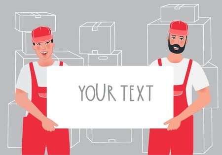 The service template for Express delivery. Movers in overalls hold a box. Courier, operator of loading and unloading operations. Vector illustration of a professionのイラスト素材