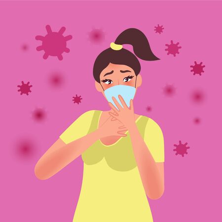 Coronavirus bacteria around the frightened girl. The girl puts on a medical mask. Diseases vector illustrationのイラスト素材