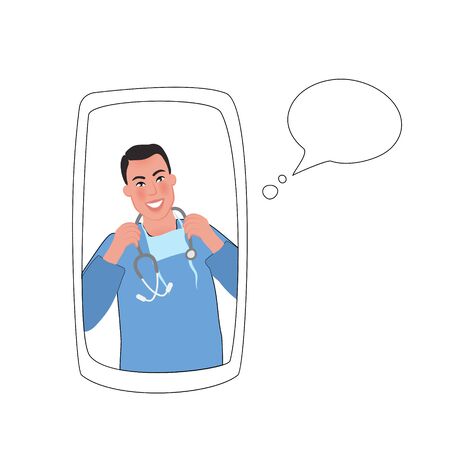 The doctor conducts an online consultation. Family doctor, psychological and medical assistance. Banner of medicine. Vector illustrationのイラスト素材