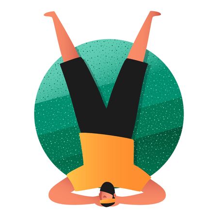 A sporty man in a yoga pose, standing on his head with his legs raised. Asanas Of Shirshasana. Balance and body training. Illustration of an active lifestyleのイラスト素材
