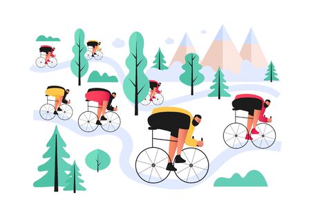 A bicyclist-biker overcomes cross country in a mountainous area. Cross-country mountain Biking. Vector illustration of extreme sportsのイラスト素材