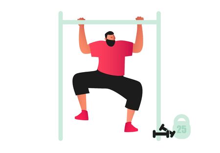 An athletic male athlete does pull-UPS on the crossbar. Dressed in a t-shirt and shorts. Vector illustration of strength exercisesのイラスト素材