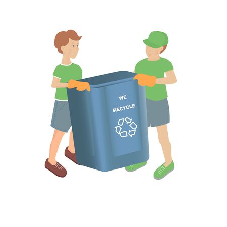 Vector illustration with two boys with empty recycling bin on a white backgroundのイラスト素材