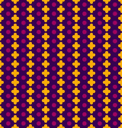 Vector seamless pattern with pluses and circles. Yellow crossroads and purple circles on a blue backgroundのイラスト素材