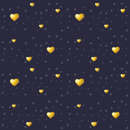 Golden hearts on a night background. Vector seamless texture for Valentines Day