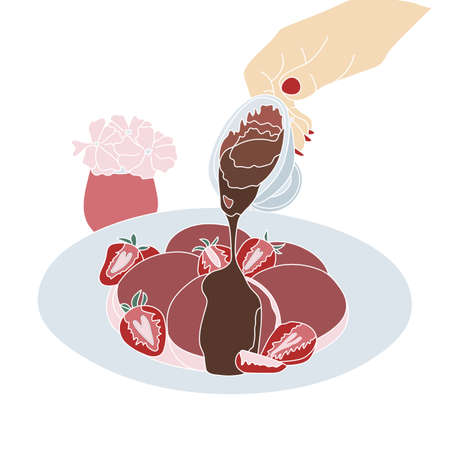 Still life of dessert, strawberries and flowers. vector illustration.のイラスト素材
