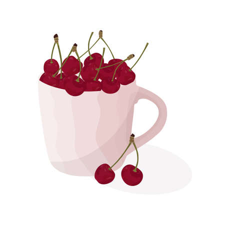 Cherries in a cup. Flat vector illustration.のイラスト素材