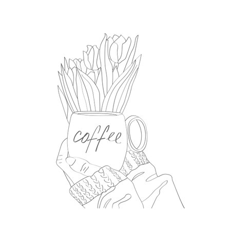 Cup in hands and flowers (tulips). Vector coloring book in sketch style.のイラスト素材