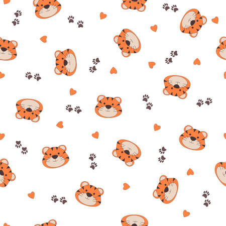 tiger face seamless pattern, cute animal design for baby clothes, vector illustrationのイラスト素材
