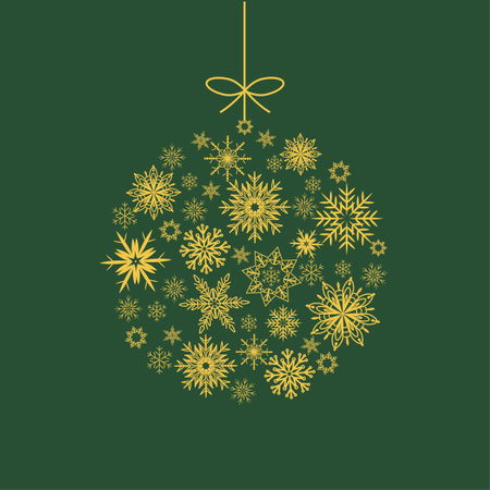 Christmas card design, golden ball ornament with snowflakes on green background, winter holidays vectorのイラスト素材