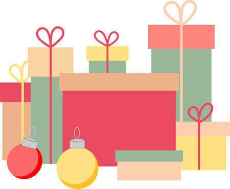 Gift boxes and Christmas ornaments in a pile, New Year presents vector illustrationのイラスト素材